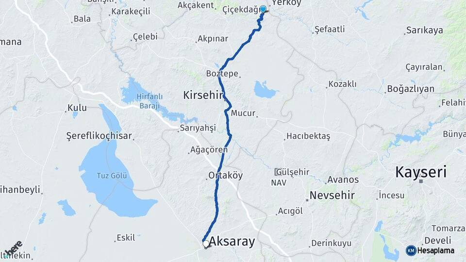 Kırşehir Çiçekdağı Aksaray Arası Kaç Km - Yol Haritası