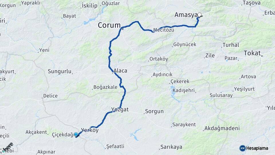 Kırşehir Çiçekdağı Amasya Arası Kaç Km - Yol Haritası