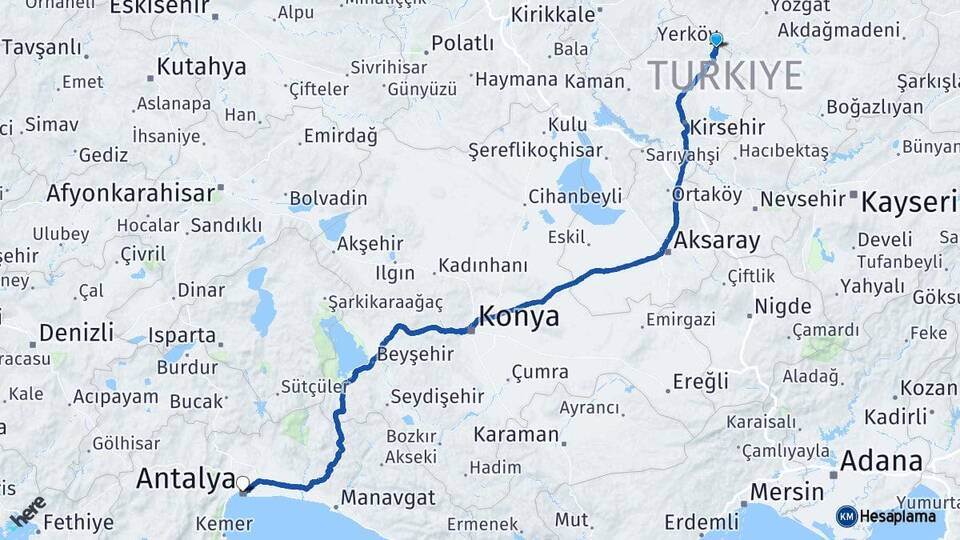 Kırşehir Çiçekdağı Antalya Arası Kaç Km - Yol Haritası