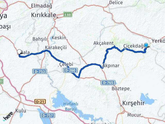 Kırşehir Çiçekdağı Bala Ankara Arası Kaç Km - Yol Haritası