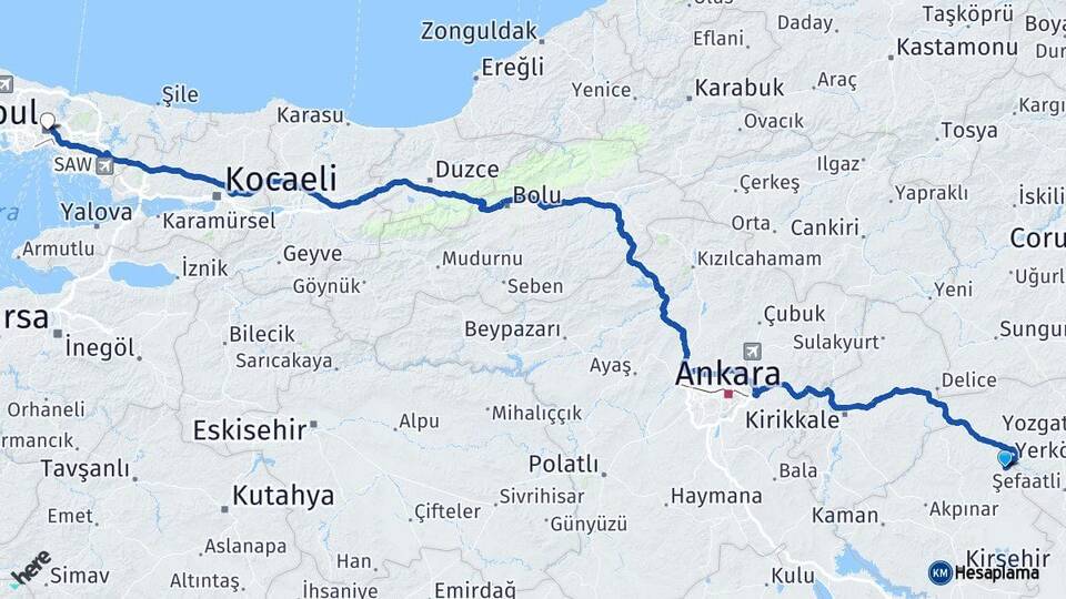 Kırşehir Çiçekdağı İstanbul Arası Kaç Km - Yol Haritası