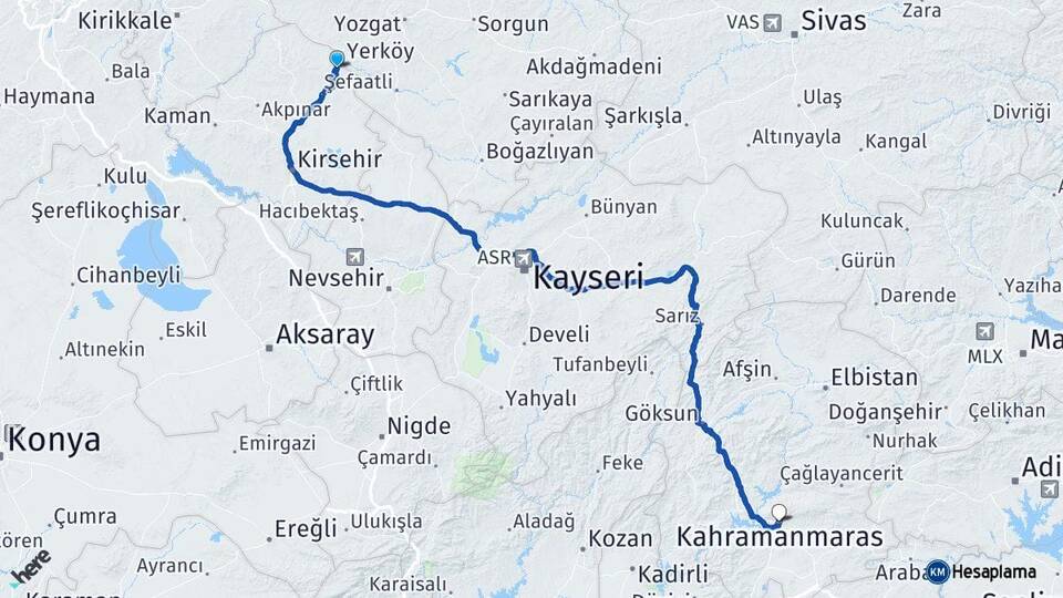 Kırşehir Çiçekdağı Kahramanmaraş Arası Kaç Km - Yol Haritası