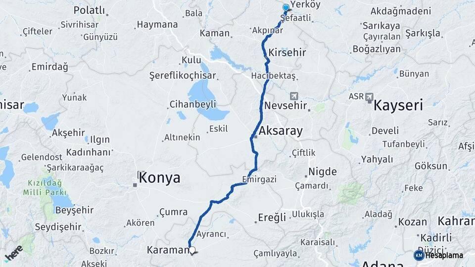 Kırşehir Çiçekdağı Karaman Arası Kaç Km - Yol Haritası