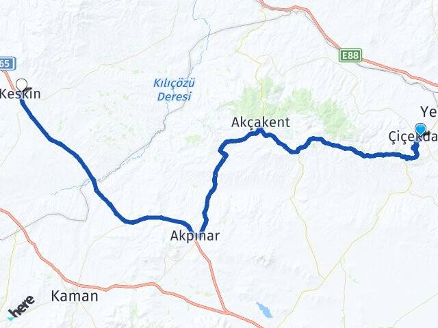 Kırşehir Çiçekdağı Keskin Kırıkkale Arası Kaç Km - Yol Haritası