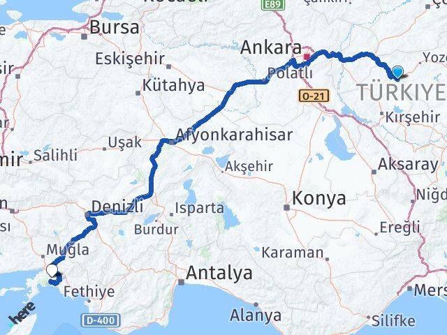 Kırşehir Çiçekdağı Muğla Arası Kaç Km - Yol Haritası