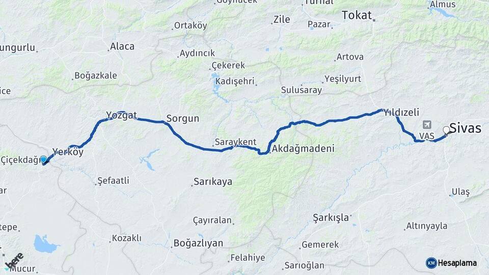 Kırşehir Çiçekdağı Sivas Arası Kaç Km - Yol Haritası