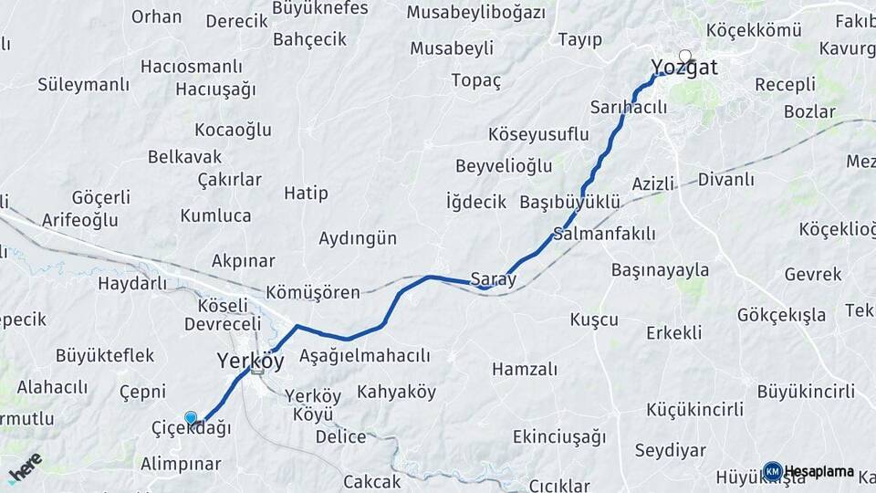 Kırşehir Çiçekdağı Yozgat Arası Kaç Km - Yol Haritası