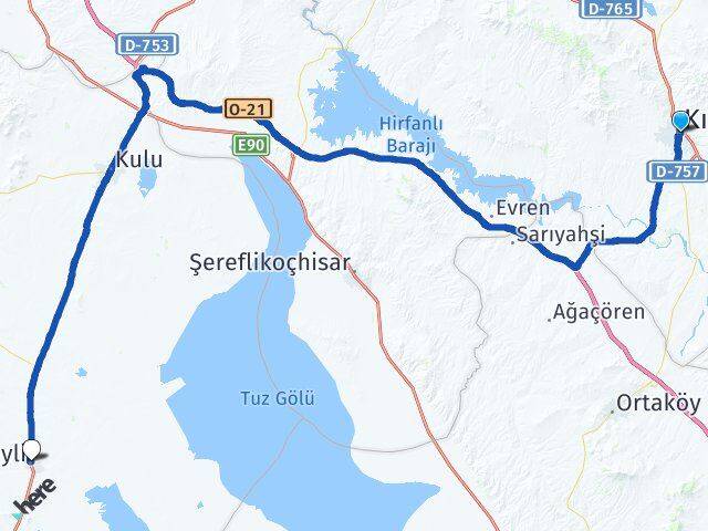 Kırşehir Cihanbeyli Konya Arası Kaç Km - Yol Haritası