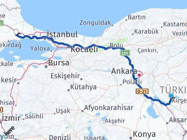 Kırşehir Çorlu Tekirdağ Arası Kaç Km - Yol Haritası