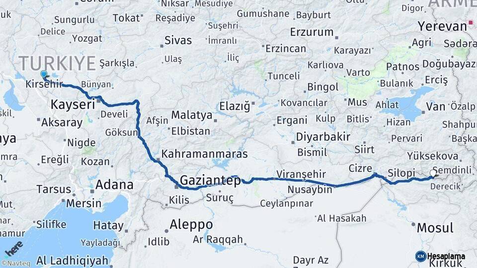 Kırşehir Çukurca Hakkari Arası Kaç Km - Yol Haritası