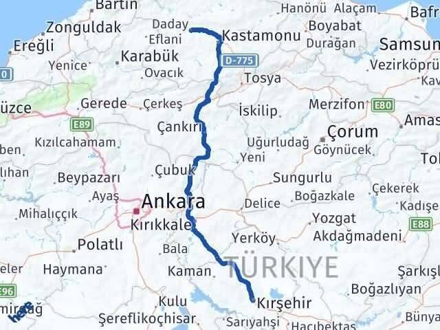 Kırşehir Daday Kastamonu Arası Kaç Km - Yol Haritası