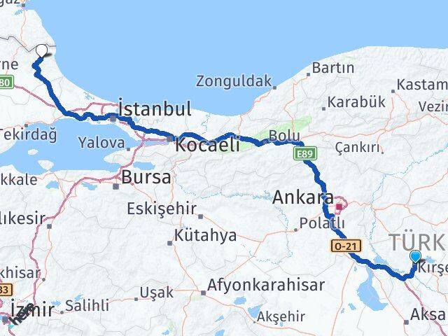 Kırşehir Demirköy Kırklareli Arası Kaç Km - Yol Haritası