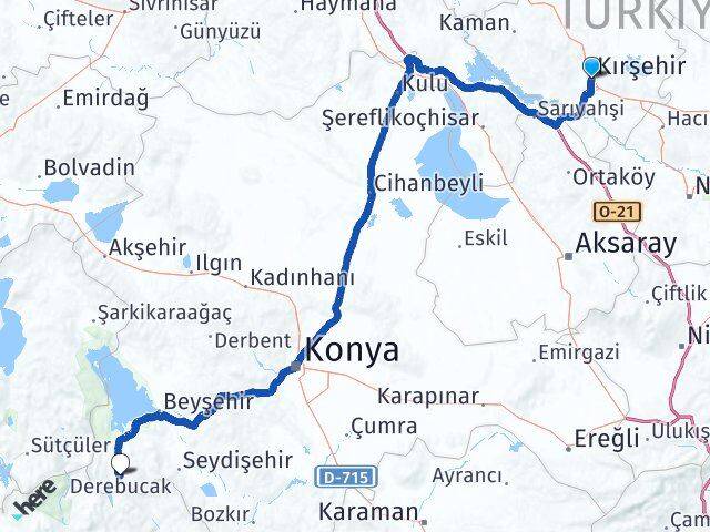 Kırşehir Derebucak Konya Arası Kaç Km - Yol Haritası