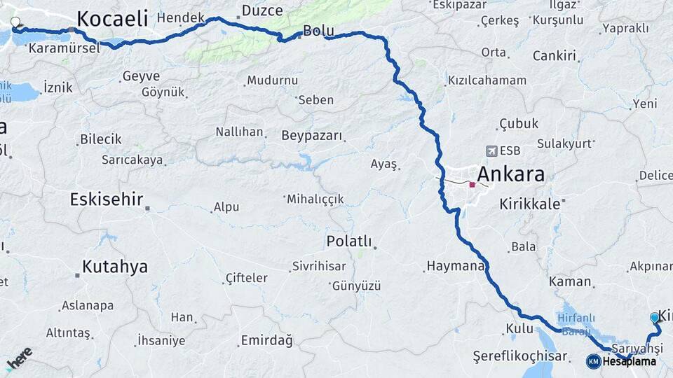 Kırşehir Dilovası Kocaeli Arası Kaç Km - Yol Haritası