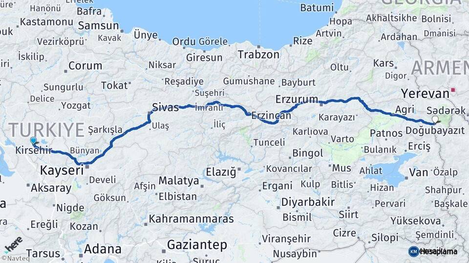 Kırşehir Doğubayazıt Ağrı Arası Kaç Km - Yol Haritası