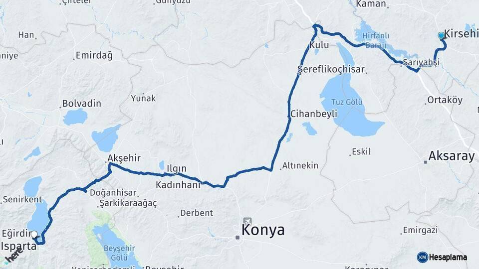 Kırşehir Eğirdir Isparta Arası Kaç Km - Yol Haritası