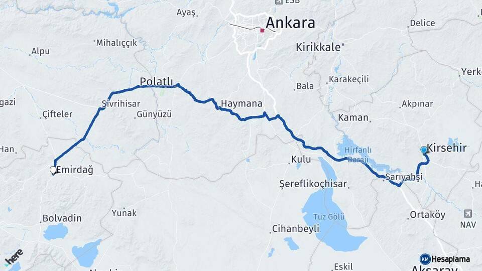 Kırşehir Emirdağ Afyonkarahisar Arası Kaç Km - Yol Haritası