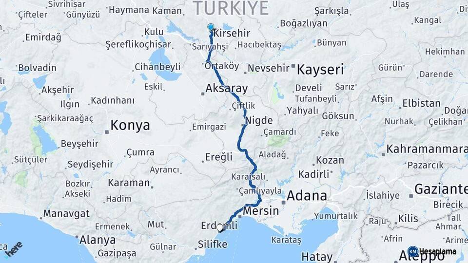Kırşehir Erdemli Mersin Arası Kaç Km - Yol Haritası