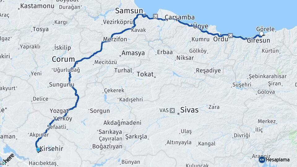 Kırşehir Espiye Giresun Arası Kaç Km - Yol Haritası