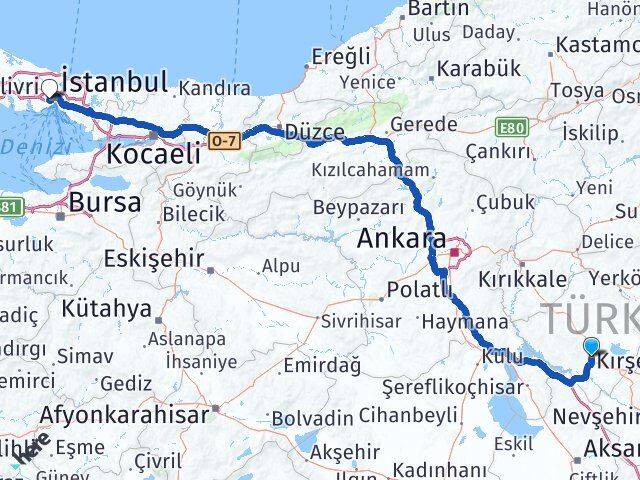 Kırşehir Eyüpsultan İstanbul Arası Kaç Km - Yol Haritası