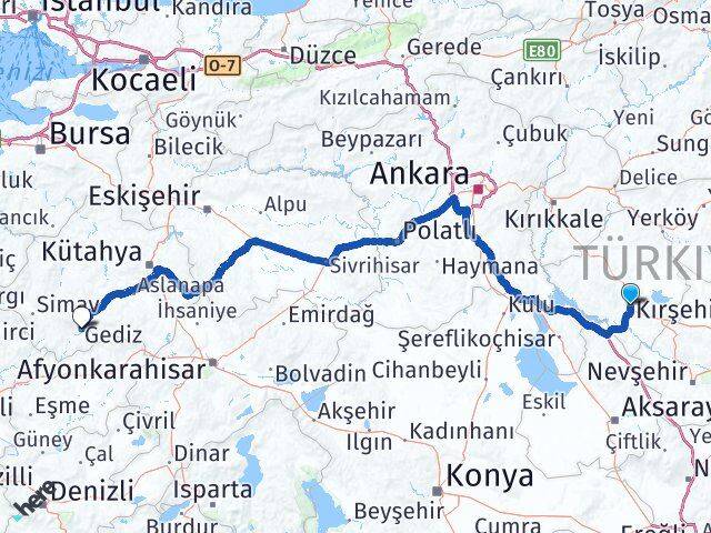 Kırşehir Gediz Kütahya Arası Kaç Km - Yol Haritası
