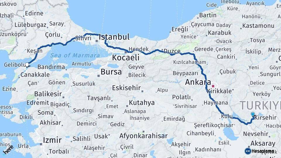 Kırşehir Gelibolu Çanakkale Arası Kaç Km - Yol Haritası
