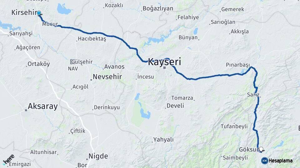 Kırşehir Göksun Kahramanmaraş Arası Kaç Km - Yol Haritası