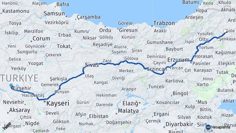 Kırşehir Göle Ardahan Arası Kaç Km - Yol Haritası