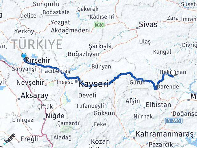 Kırşehir Hekimhan Malatya Arası Kaç Km - Yol Haritası
