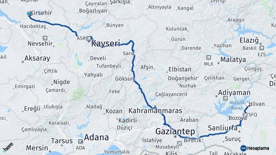 Kırşehir Hilvan Şanlıurfa Arası Kaç Km - Yol Haritası