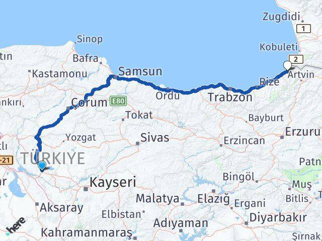 Kırşehir Hopa Artvin Arası Kaç Km - Yol Haritası