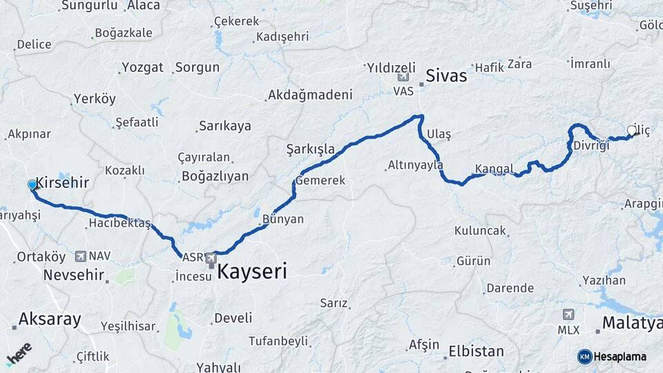 Kırşehir İliç Erzincan Arası Kaç Km - Yol Haritası