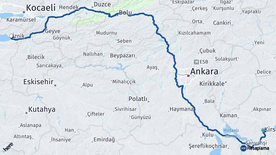 Kırşehir İznik Bursa Arası Kaç Km - Yol Haritası