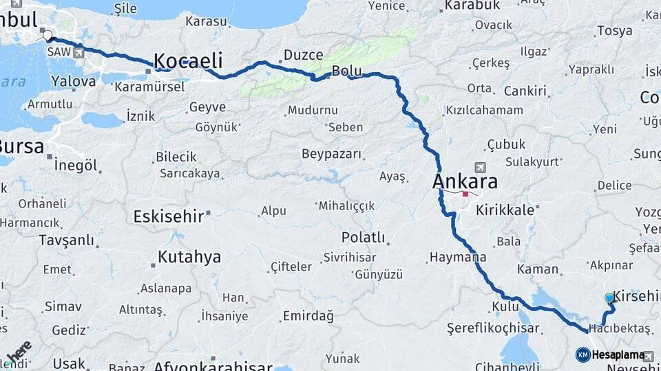 Kırşehir Kadıköy İstanbul Arası Kaç Km - Yol Haritası