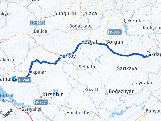 Kırşehir Kaman Akdağmadeni Yozgat Arası Kaç Km - Yol Haritası