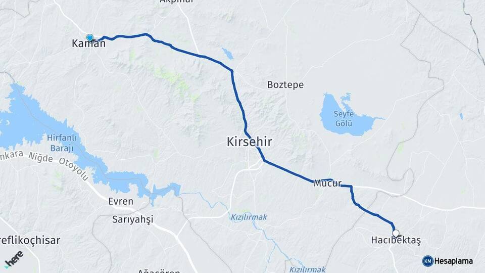 Kırşehir Kaman Hacıbektaş Nevşehir Arası Kaç Km - Yol Haritası