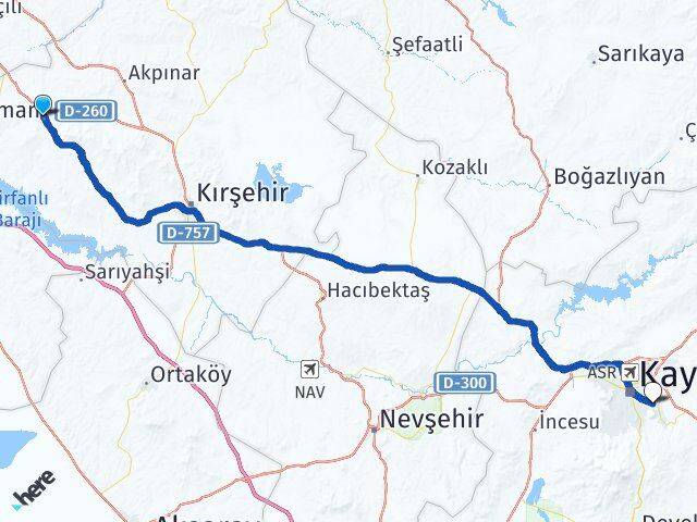 Kırşehir Kaman Talas Kayseri Arası Kaç Km - Yol Haritası