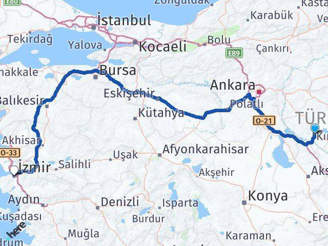 Kırşehir Karabağlar İzmir Arası Kaç Km - Yol Haritası