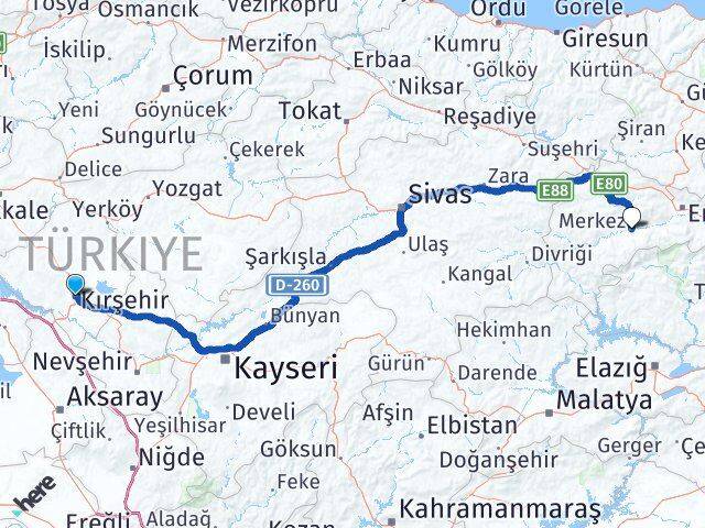 Kırşehir Kemah Erzincan Arası Kaç Km - Yol Haritası