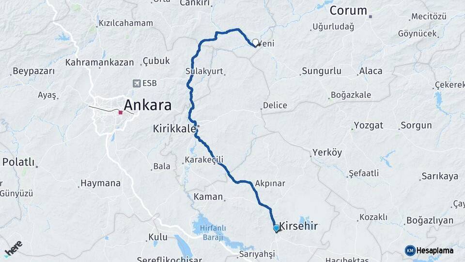 Kırşehir Kızılırmak Çankırı Arası Kaç Km - Yol Haritası