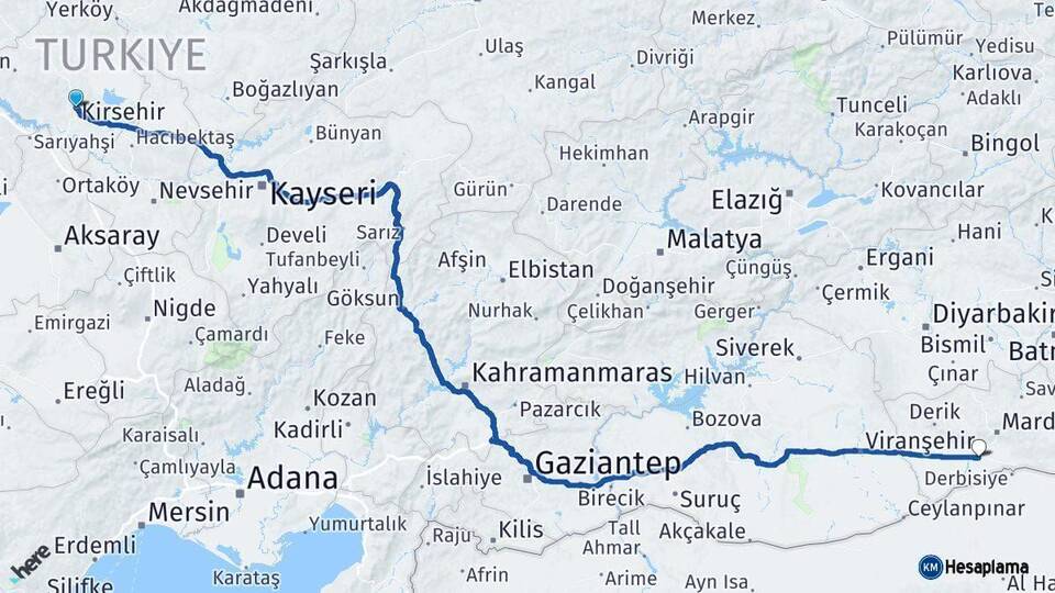 Kırşehir Kızıltepe Mardin Arası Kaç Km - Yol Haritası