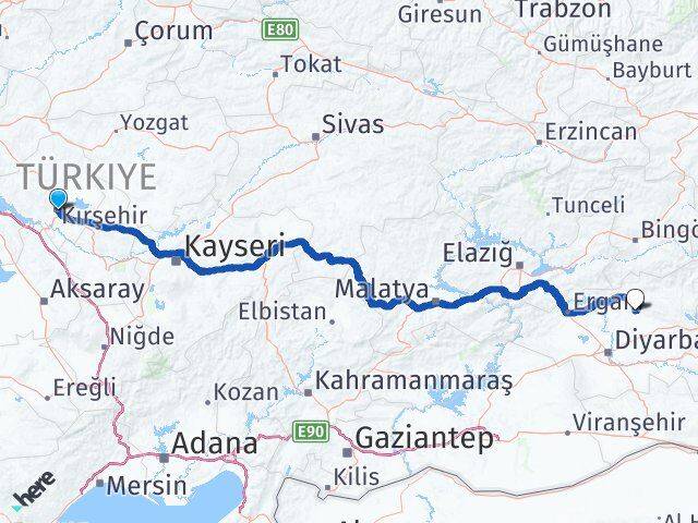 Kırşehir Kocaköy Diyarbakır Arası Kaç Km - Yol Haritası