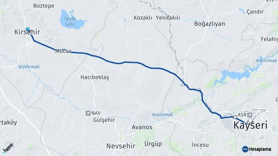 Kırşehir Kocasinan Kayseri Arası Kaç Km - Yol Haritası