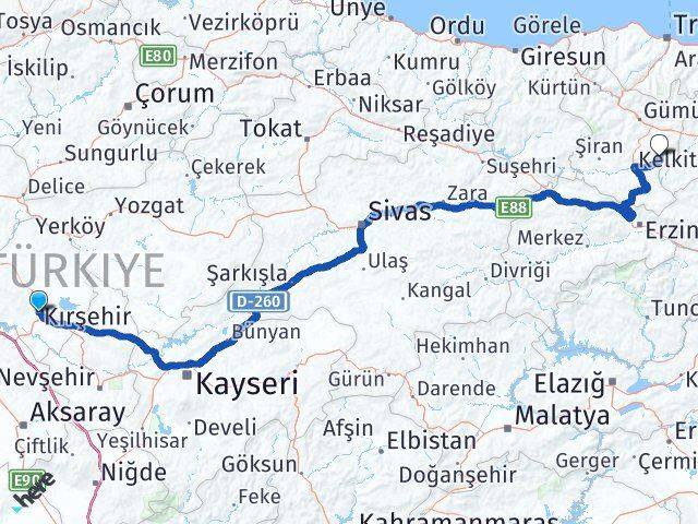 Kırşehir Köse Gümüşhane Arası Kaç Km - Yol Haritası