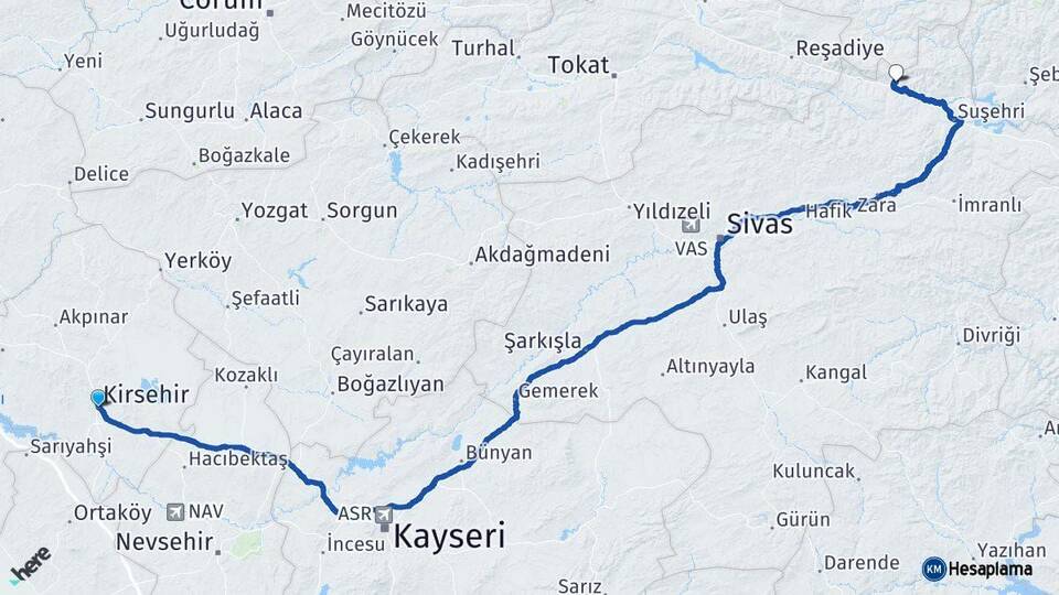 Kırşehir Koyulhisar Sivas Arası Kaç Km - Yol Haritası