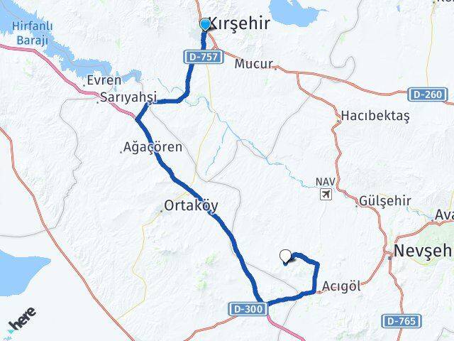 Kırşehir Kozluca Acıgöl Nevşehir Arası Kaç Km - Yol Haritası