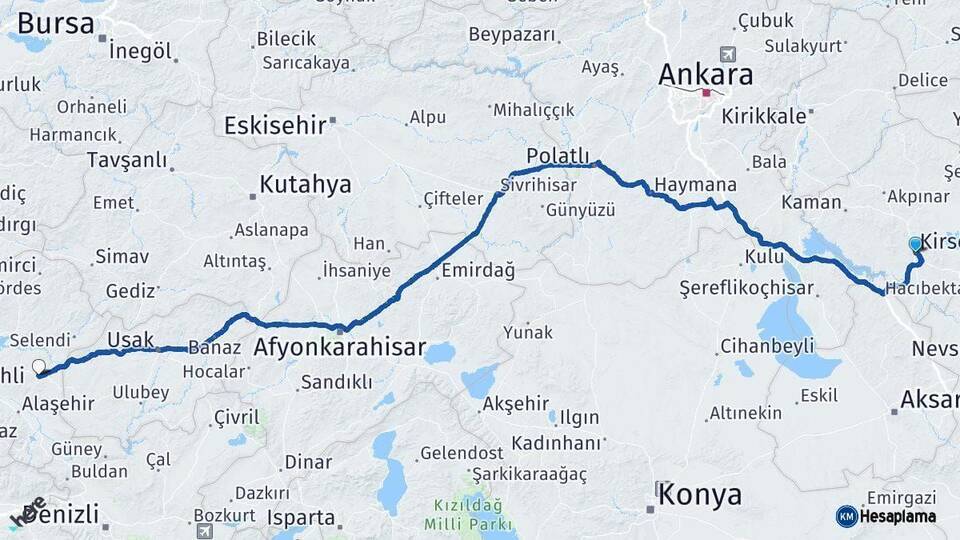 Kırşehir Kula Manisa Arası Kaç Km - Yol Haritası