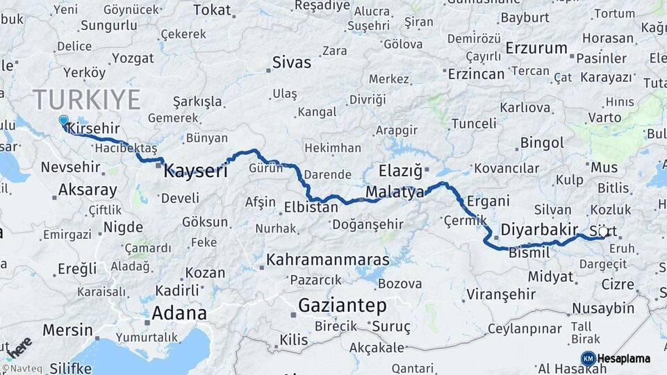Kırşehir Kurtalan Siirt Arası Kaç Km - Yol Haritası