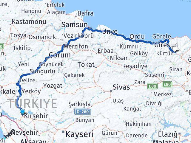 Kırşehir Kürtün Gümüşhane Arası Kaç Km - Yol Haritası