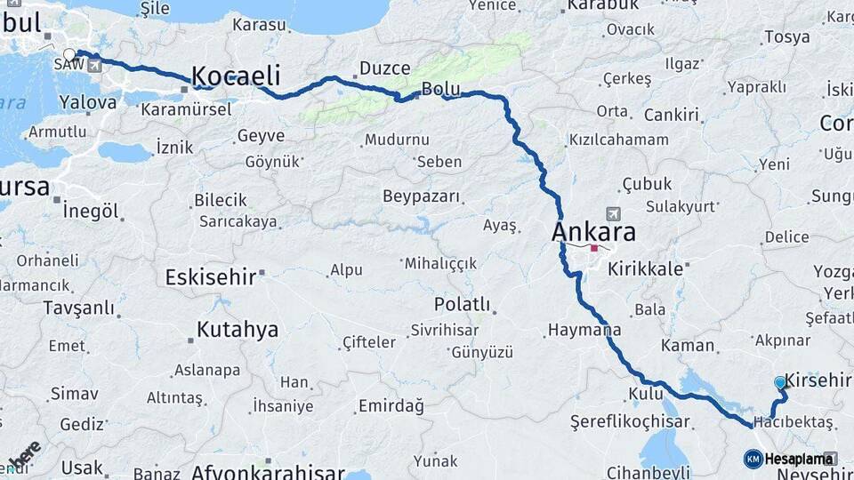 Kırşehir Maltepe İstanbul Arası Kaç Km - Yol Haritası